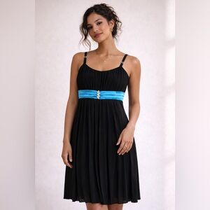 Deb Black Pleated Dress with Turquoise Satin Waist Tie – Size 1X